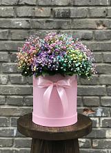 Цветочная композиция из Гипсофила и Розы в шляпной коробке в Новоильинске