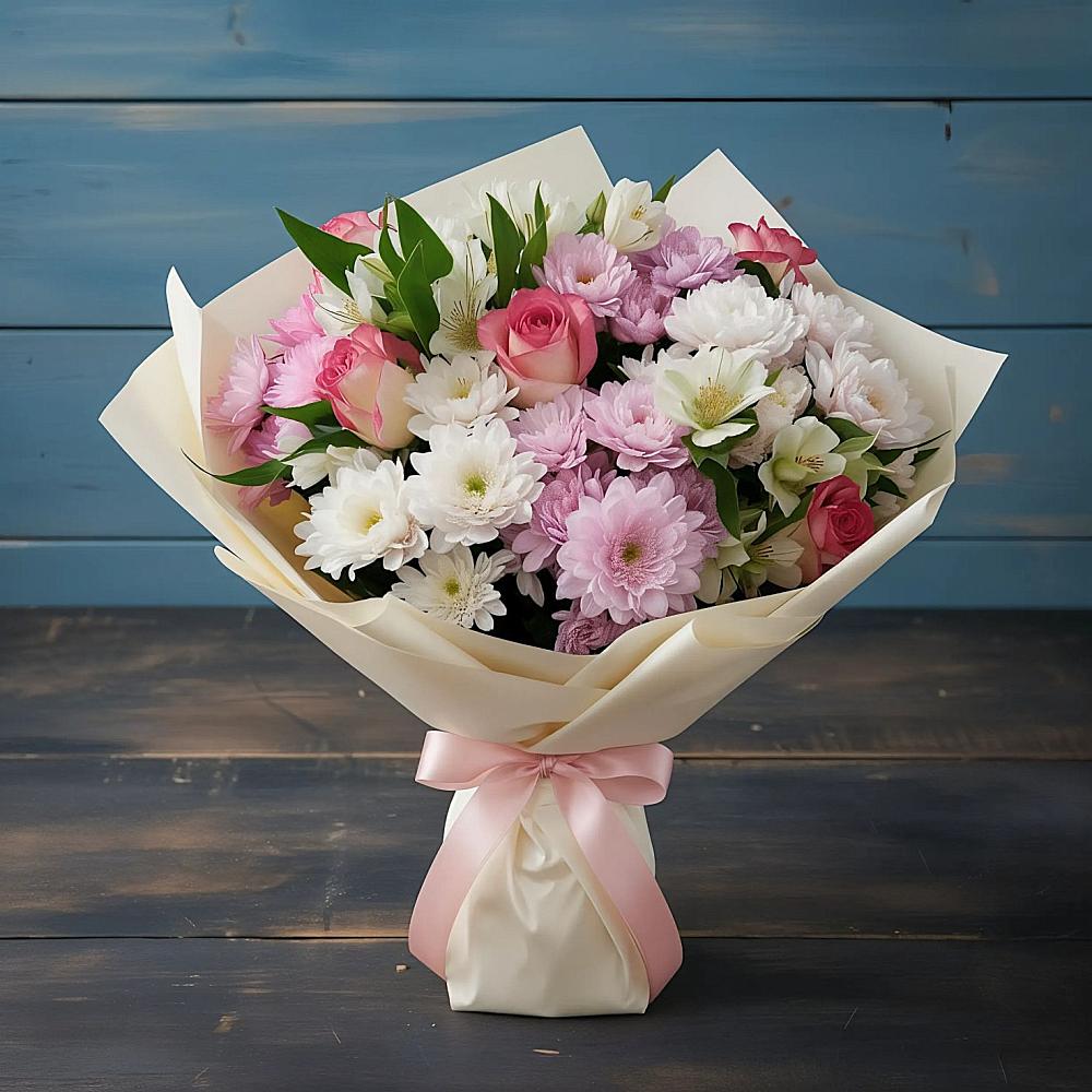 Букет цветов из: Хризантемы, Альстромерии и Розы в Новоильинске